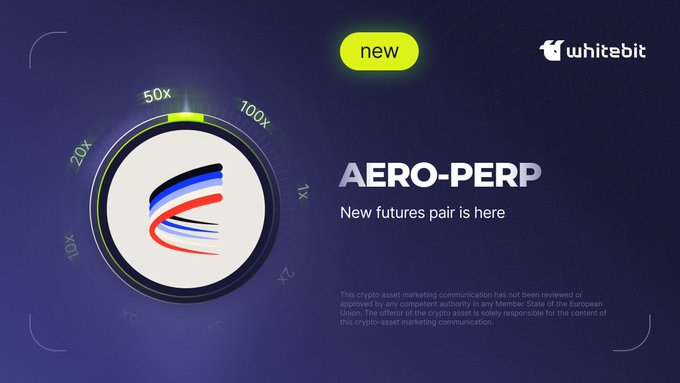 A WhiteBit promotional graphic announcing the new AERO-PERP futures pair, featuring a stylized "e" logo surrounded by leverage options (20x, 50x, 100x) on a dark blue background, with text reading "AERO-PERP - New futures pair is here" alongside the post's announcement about adding AerodromeFi's $AERO token for futures trading only.