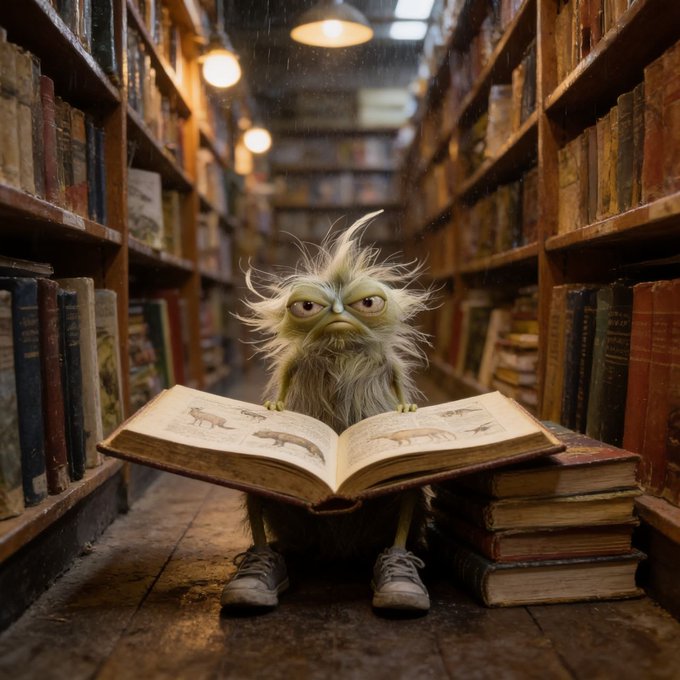 A small, furry, grumpy-looking creature wearing sneakers sits on the floor of a library, reading an open book on a stack of other books.