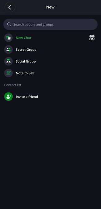 A mobile app screen titled 'New' with a search bar and menu options including 'New Chat', 'Secret Group', 'Social Group', 'Note to Self', and 'Invite a friend'.