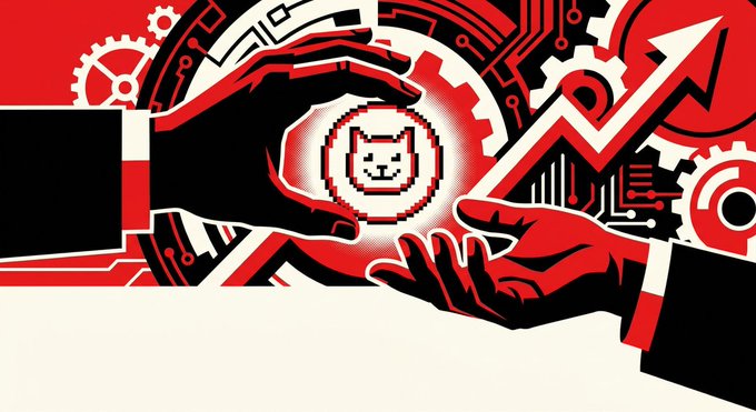 A red and black stylized graphic showing two hands exchanging a glowing coin that features a cat face emblem, with gears and an upward-pointing arrow in the background.