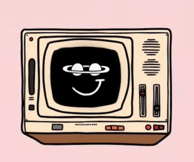 A cartoon illustration of a retro beige CRT television with a smiling face wearing sunglasses displayed on its screen.