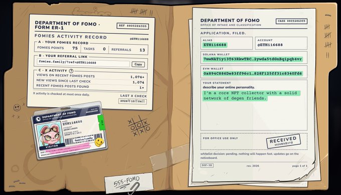 A digital illustration of a 'Department of FOMO Form ER-1' document and ID card for 'ETH116688', describing the person as 'a core NFT collector with a solid network of degen friends.'