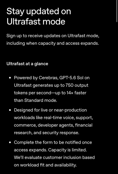 A dark-themed sign-up page titled "Stay updated on Ultrafast mode," inviting users to receive updates on OpenAI's new GPT-5.6 Sol-powered mode that delivers up to 750 output tokens per second—14x faster than Standard mode—designed for real-time workloads like voice, support, and developer agents.