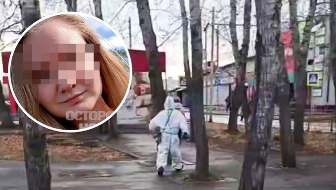 A news-style graphic showing a blurred inset of a person's face alongside footage of someone in a white hazmat suit walking through a park area with bare trees.