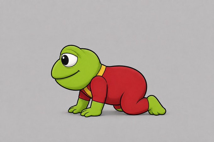 A stylized, cartoonish illustration of a chubby green frog wearing a red shirt, posed on all fours against a plain grey background.
