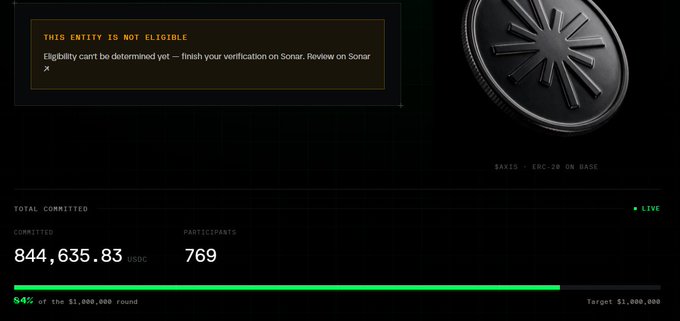Cryptocurrency dashboard showing a coin for BAKIS on ERC-20 BASE with 'THIS ENTITY IS NOT ELIGIBLE' notification, displaying 769 participants and $844,635.83 committed toward a $1,000,000 target (54%).