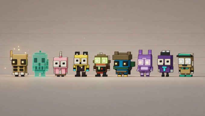 A lineup of nine blocky, voxel-style characters with distinct designs, including a ghost, a pink robot, and various robots in blue, purple, and green, standing against a plain wall.