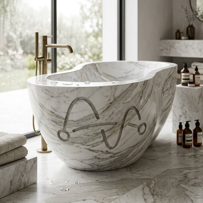 A luxurious white marble freestanding bathtub with a brass faucet in a modern bathroom setting with large windows.