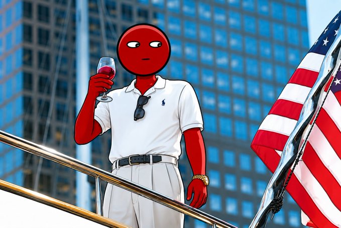 A red-faced cartoon character in a Ralph Lauren polo holds a glass of red wine on a yacht, with an American flag waving and skyscrapers in the background—visually echoing the post's message that while the public focuses on flashy products, the real value lies in the underlying infrastructure ($XRP) that powers them.