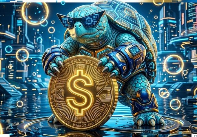 The image features a turtle character wearing sunglasses and holding a gold coin with the number "3" on it. The background of the image shows a cityscape, which adds an urban touch to the scene. The caption at the bottom of the image reads "Happy 3rd Anniversary @SquadVeChain Always pumping the ecosystem, building for the community, and leveling up the @vechainofficial ecosystem." This suggests that the turtle character is celebrating its third anniversary with the @vechainofficial community by showcasing a unique coin design featuring the number "3".