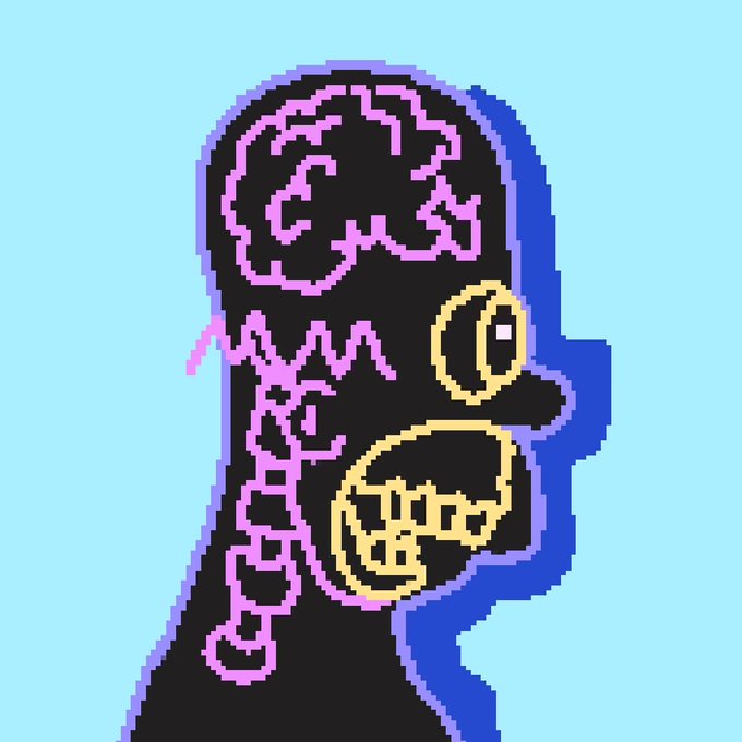 A pixel art illustration shows a dark, skull-like figure with pink markings and yellow accents against a light blue background.