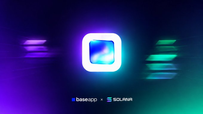 The image features a logo for a mobile application called "Baseapp" that is designed by Solana. The logo consists of a square lighted blue circle with a white border, surrounded by three vertical lines of different colors - purple, green, and blue. Below the logo, there is text that reads "Baseapp x Solana". This design suggests that the application supports native Solana transactions and has a user-friendly interface for its users.