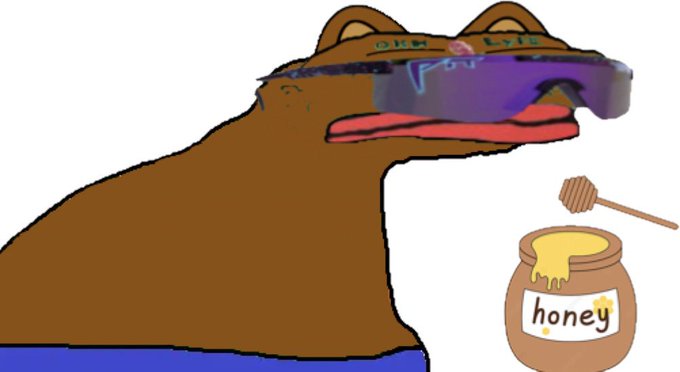 A crude cartoon of a brown bear-like creature wearing purple sunglasses with "DICK EYES" written on the frame sits next to a honey jar labeled "honey," referencing the famous "Dick Eating Bear" meme. The image satirizes the post's lament about Berachain's missed potential, suggesting that despite its strong community of talented builders, Berachain "swallowed" or consumed its own success at the wrong moment.