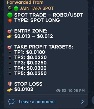 A Telegram trading signal from "JAIN TAFA SPOT" announcing a SPOT LONG trade on the ROBO/USDT pair, with entry zone $0.013–$0.012, stop loss at $0.0102, and five take profit targets ranging from TP1 at $0.0180 to TP5 at $0.0350—matching the post's claim that TP1 has been hit with the price now at $0.01859.