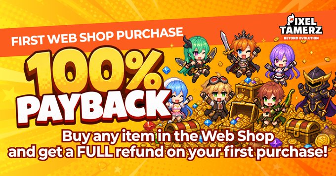 A promotional banner for "PIXEL TAMERZ: BEYOND EVOLUTION" advertises "FIRST WEB SHOP PURCHASE 100% PAYBACK" with pixel-art characters on a gold background.