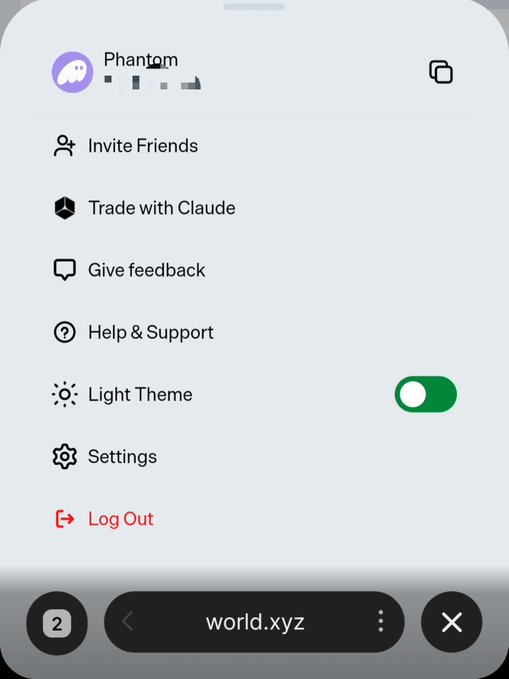 A mobile app menu screen for 'Phantom' showing options like Invite Friends, Trade with Claude, Give feedback, Help & Support, Light Theme toggle (enabled), Settings, and Log Out, with 'world.xyz' URL at the bottom.