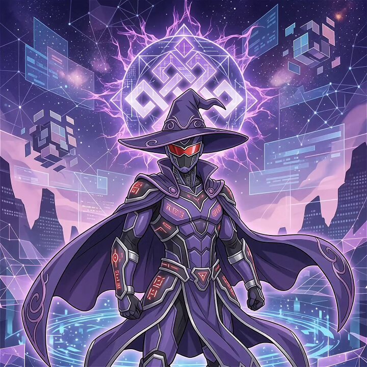 The image features a man dressed as a wizard standing in front of a large crystal ball, surrounded by futuristic technology such as cubes and other digital elements. The background includes a purple sky with stars and planets, creating an immersive and futuristic atmosphere. The caption "if you are part of a @ritualnet community you will feel like you are in the future AI, still gRitual @ritualdigest @ritualfnd @jez_Cryptoz" suggests that this image is related to a virtual reality or digital art project within an online community. The man's attire and the futuristic elements in the background evoke a sense of wonder and exploration, which aligns with the theme of the post.