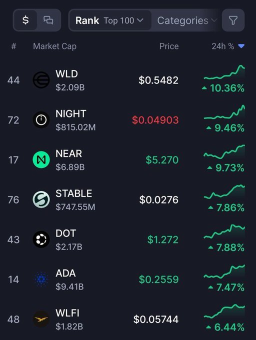 a cryptocurrency price tracker showing top 100 coins ranked, including WLD at $0.5482 (up 10.36%), NIGHT at $0.04903 (up 9.46%), NEAR at $5.270 (up 9.73%), STABLE at $0.0276 (up 7.86%), DOT at $1.272 (up 7.88%), ADA at $0.2559 (up 7.47%), and WLFI at $0.05744 (up 6.44%).