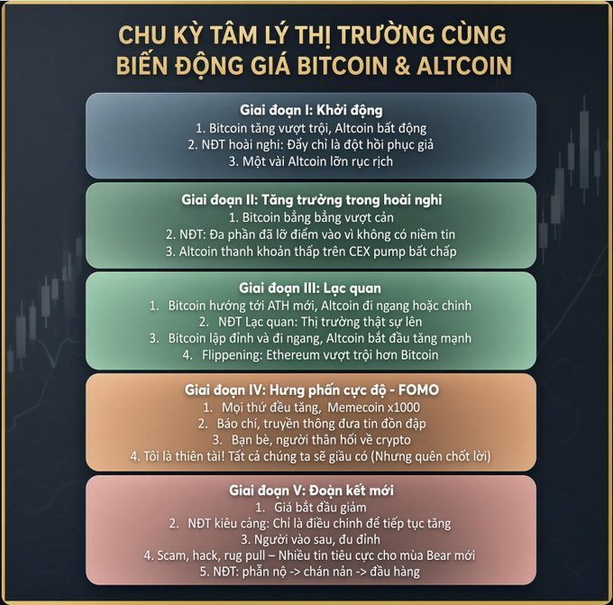 An infographic in Vietnamese titled 'CHU KỲ TÂM LÝ THỊ TRƯỜNG CÙNG BIẾN ĐỘNG GIÁ BITCOIN & ALTCOIN' detailing five phases of the crypto market cycle, marked by blue, green, and orange sections.