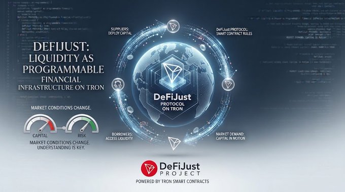 A promotional graphic for "DeFiJust: Liquidity as Programmable Financial Infrastructure on Tron," featuring a globe and various financial metrics.