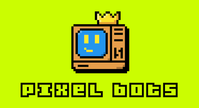 Pixel art logo of 'PIXEL DOGS' featuring a cartoon dog face on a CRT television with a crown on top, set against a bright green background.