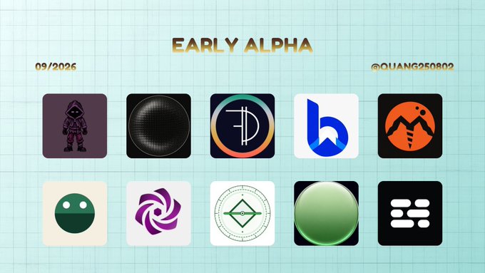 A digital graphic titled "EARLY ALPHA" dated "09/2026" by "@QUANG250802" displays a grid of ten app or project icons on a grid background.