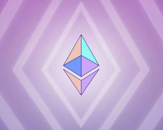 The Ethereum logo, displayed in pastel multicolored facets against a purple diamond-patterned background, visually represents the network central to the news about developers halting collaboration on unifying the EIP-8130 and EIP-8141 account abstraction proposals.