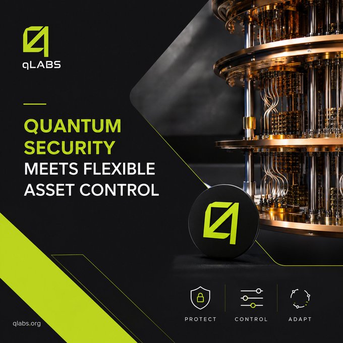 The image shows a black background with a gold-colored machine that has a green "Q" logo on top of it. The text at the bottom of the image reads, "What happens when quantum computers can break today's crypto wallets? @qlabsofficial answered that with qVAULT and is giving Hyperliquid holders priority access using Falcon".