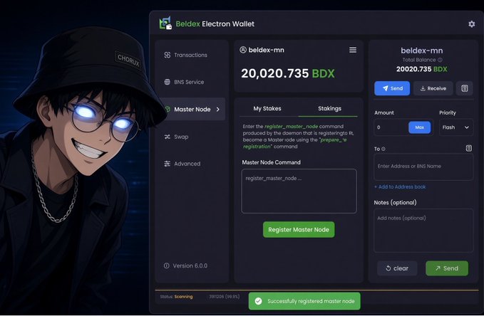 A screenshot of the Beldex Electron Wallet interface showing a successful master node registration for account 'beldex-mn' with a balance of 20,020.735 BDX.