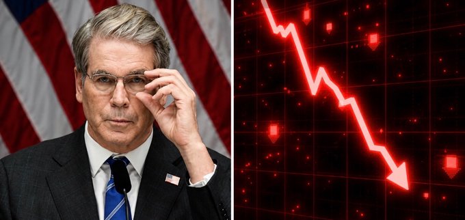 The image shows Jerome Powell, Chair of the Federal Reserve, adjusting his glasses in front of an American flag on the left, paired with a red downward-trending stock chart on the right. Together, the visual reinforces the post's bearish message that the U.S. Treasury's $46 billion liquidity drain signals tightening financial conditions, suggesting downward pressure on markets.
