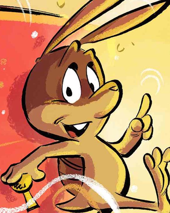 A cartoon illustration of a smiling brown rabbit character with long ears pointing upward, set against a red and yellow background.