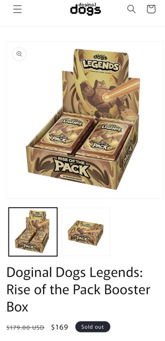 A mobile screenshot of an online store showing 'Doginal Dogs Legends: Rise of the Pack Booster Box' marked as 'Sold out' for $169.