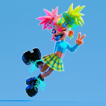 A vibrant 3D illustration of a colorful punk-style character with spiky multicolored hair, making a peace sign while jumping against a blue background.