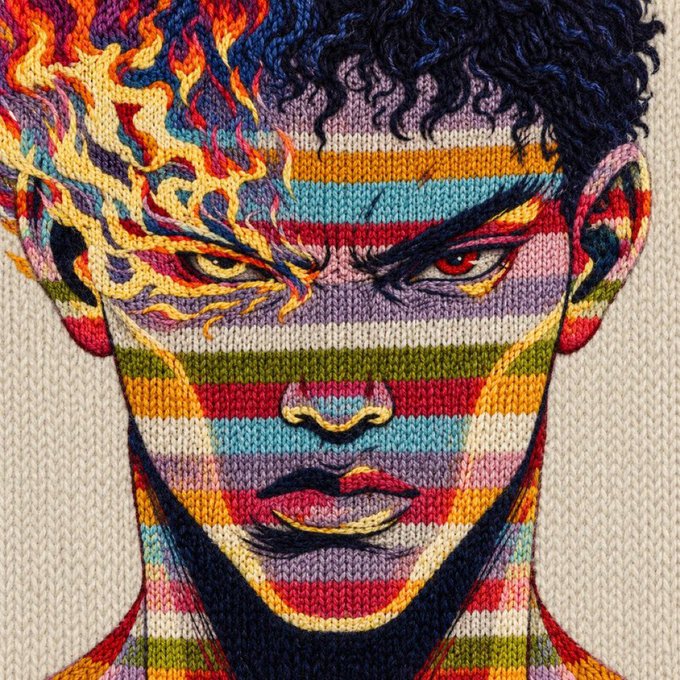 A detailed embroidered artwork depicting a stylized male face with intense eyes, split between flames and dark hair on one side, constructed from colorful horizontal stripes of thread.