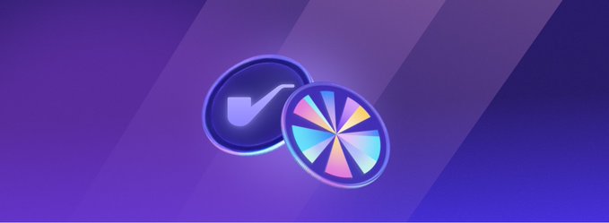 A purple gradient background displaying two circular crypto token logos, one with a checkmark symbol and another with a colorful segmented wheel design.