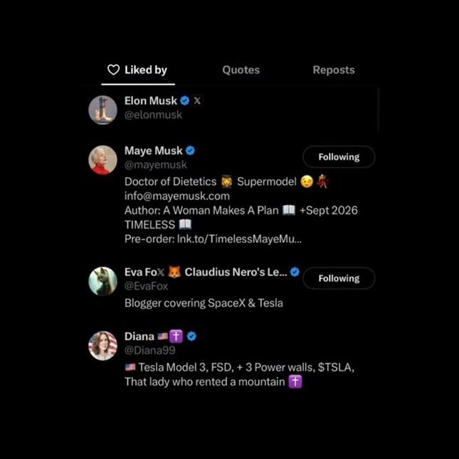 The image shows a Twitter/X "Liked by" panel featuring Elon Musk (@elonmusk), Maye Musk (@mayemusk), Eva Fox (@EvaFox), and Diana (@Diana99), whose bio highlights her "$TSLA" and Dogecoin-related holdings. This aligns with the accompanying post noting that Elon Musk just liked a Dogecoin-related post, signaling that DOGE momentum is back, with Musk-family-adjacent accounts visibly engaged.