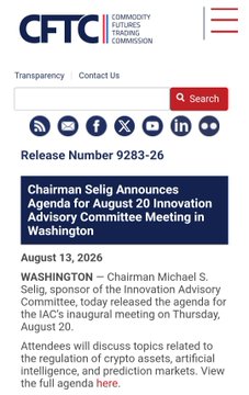 A screenshot of the CFTC website displaying Release Number 9283-26, dated August 13, 2026, announcing Chairman Michael S. Selig's agenda for the inaugural Innovation Advisory Committee meeting in Washington on August 20, 2026, to discuss crypto assets, artificial intelligence, and prediction markets—aligning with the accompanying post highlighting the CFTC's new meeting agenda on crypto innovations.