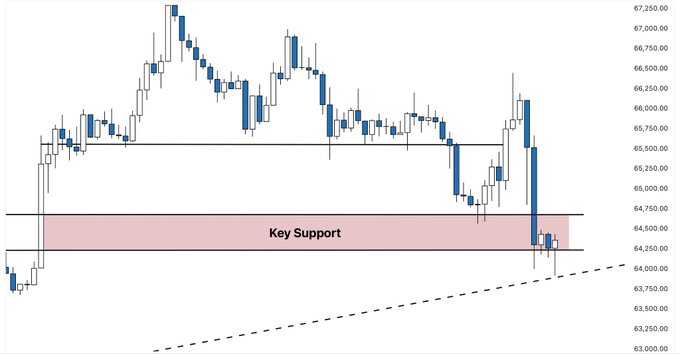 The image shows a graph with a key support line drawn over it. It indicates that there is a level of support for the cryptocurrency Bitcoin, as indicated by the blue lines or bars below the key support line. The line represents the daily maximum price of Bitcoin at different times during the day. Bitcoin experienced a significant drop in value during the last two days, but since then, it has managed to bounce back and recover from its previous low point. However, there is no concrete evidence for a definitive upward trend or bull market as per the available information in the image.