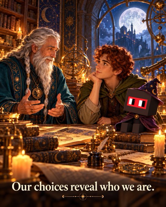 A fantasy illustration shows an elderly wizard with a long white beard and a young red-haired boy at a table covered with books and maps, with the caption "Our choices reveal who we are." A small cartoon robot in a wizard hat is overlaid in the bottom right corner.