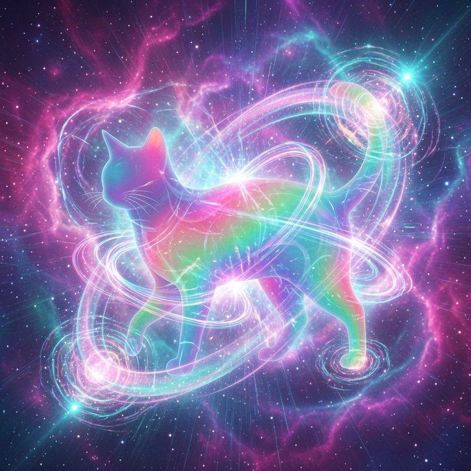 The image features a colorful cat that appears to be glowing through a neon veil of reality, creating an ethereal atmosphere. The cat is surrounded by various colors, including shades of blue, pink, purple, and green, blending into the surreal cosmic background. A caption in the image reads "Quantum Cat glows through the neon veil of reality... colors shifting, possibilities endless. Schrödinger's rainbow revolution is rewriting the rules one holographic pulse at a time. Not dead. Not alive. Just Quantum." This description complements the colorful cat and reinforces its glowing appearance within this fantastical scene.