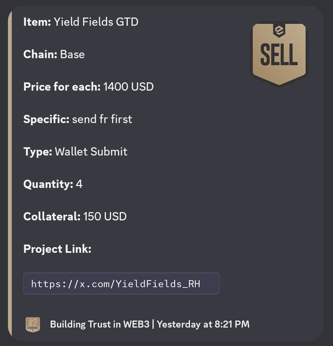 A dark-themed product listing for selling 'Yield Fields GTD' on the Base chain at 1400 USD each, with quantity 4 and 150 USD collateral, marked as 'Wallet Submit' and 'send fr first', linked to https://x.com/YieldFields_RH.