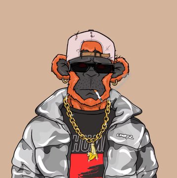The image shows an NFT of a stylized monkey character wearing a pink backwards cap, sunglasses, a gold chain, and a camo jacket with a cigarette in its mouth. The text on the character's shirt reads "HODL," reinforcing the crypto/NFT community theme of holding digital art assets, which aligns perfectly with the post's message about showcasing NFT art and asking others to show their holdings.