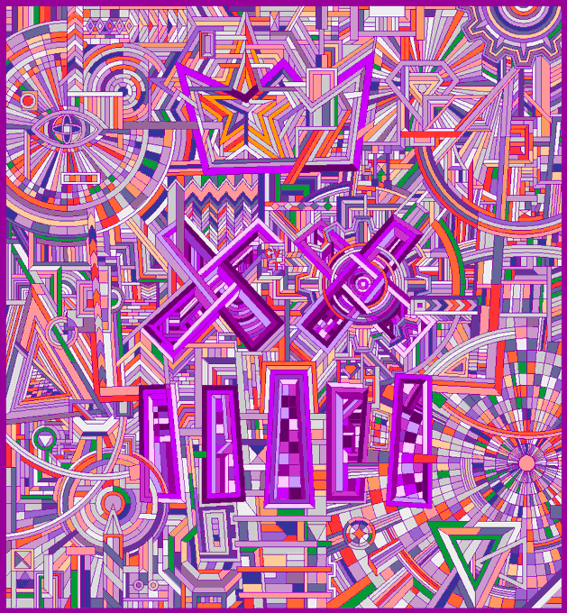 A vibrant, psychedelic digital illustration in shades of purple, pink, and orange features chaotic geometric shapes, patterns, and the stylized text "NFT GMI," visually capturing the surreal nostalgia and ironic optimism of the accompanying post reflecting on enduring NFT culture.