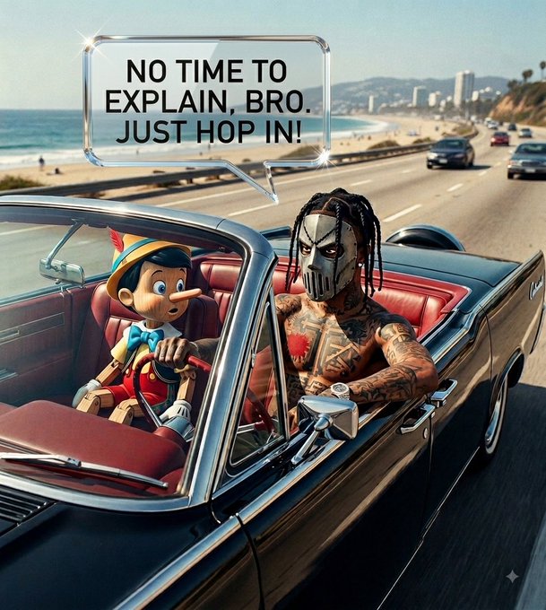 A masked, tattooed figure speeds down a coastal highway in a vintage convertible alongside Pinocchio, with a speech bubble reading "NO TIME TO EXPLAIN, BRO. JUST HOP IN!"—visually capturing the post's message to stop overthinking and take immediate action toward financial freedom ($FLR).