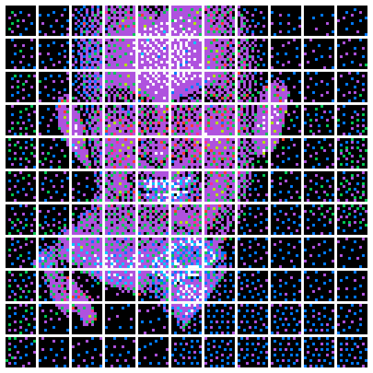 A grid of colorful pixel art tiles with small blue, pink, and green square characters on dark backgrounds.