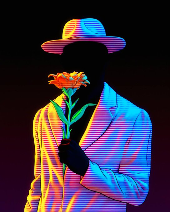 A stylized, neon-colored digital illustration depicts a silhouetted figure in a hat and suit holding an orange flower against a dark background.