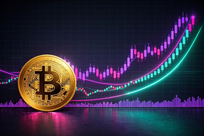 A glowing Bitcoin coin sits in the foreground against a vibrant candlestick chart showing an upward trend in green, with "$100,000" and "$200,000" price levels reached by the end of 2026 and 2026+, visually representing Standard Chartered's bullish forecast for significant Bitcoin growth.