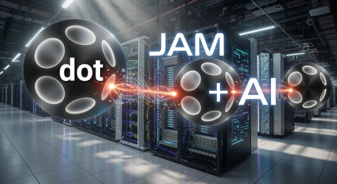 The image depicts a futuristic server room with three large black film reel-like spheres connected by a glowing energy beam, overlaid with the text "dot JAM + AI" — symbolizing Polkadot's JAM (Join-Accumulate Machine) as a next-generation decentralized supercomputer. The server backdrop and the "AI" element visually reinforce the post's message about JAM enabling scalable, general computation beyond traditional transaction processing, with the interconnected orbs representing parallel off-chain compute tied together by on-chain coherence.