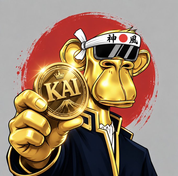 An illustration of a golden monkey wearing a headband with Japanese characters (神風 meaning 'Kamikaze') and a suit, displaying a gold 'KAI' coin with a crown emblem against a red circle background.