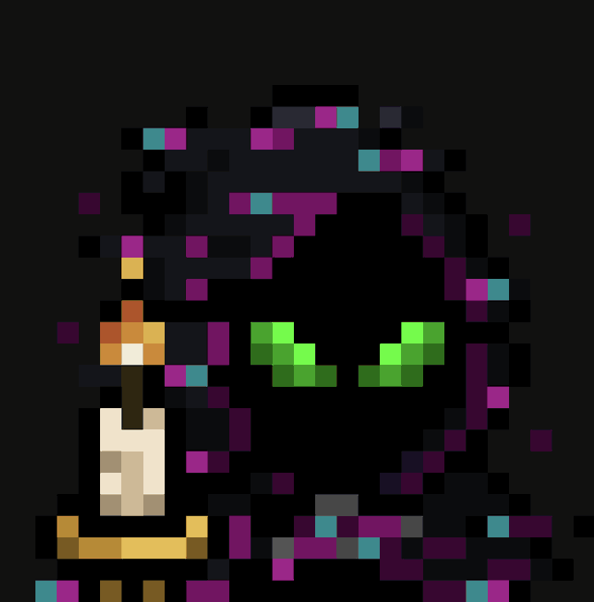 A pixel art character with green glowing eyes wearing a dark hood and colorful collar holds a wooden staff with a lit torch against a black background.